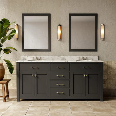 Modern bathroom with dark cabinet and five pack gold acrylic drawer pulls with brushed brass base, sleek design visible