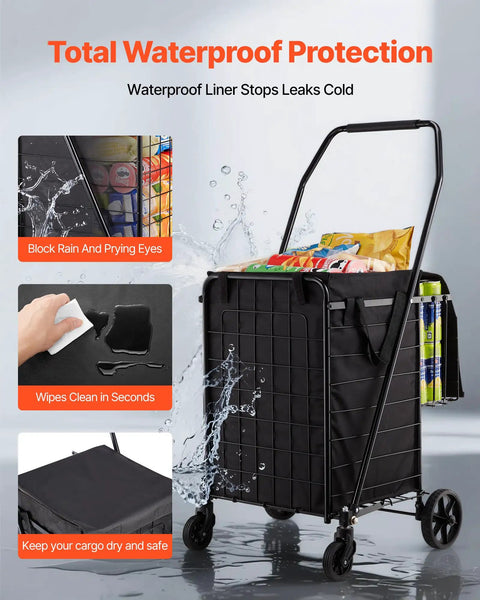 Folding Shopping Cart With Dual Baskets And Waterproof Liner Workhorse Cart with waterproof liner showing water resistance.