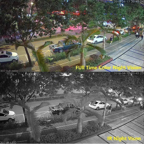 5MP Full Color Night Vision Dome Security Camera With Visible White LED Lights Outdoor Metal Housing capturing color night scene.