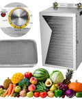 Backyard BBQ Pro Style Electric Food Dehydrator With 18 Spacious Stainless Trays And A Foolproof 24 Hour Timer displayed with food and control panel.