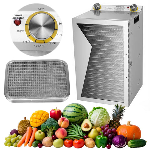 Backyard BBQ Pro Style Electric Food Dehydrator With 18 Spacious Stainless Trays And A Foolproof 24 Hour Timer displayed with food and control panel.
