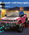 Child riding Licensed 24V Kids Ride On Truck Two Seater With Parent Remote Control, showing Bluetooth Music and LED lights.