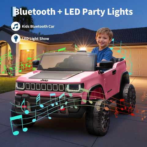 Child riding Licensed 24V Kids Ride On Truck Two Seater With Parent Remote Control, showing Bluetooth Music and LED lights.