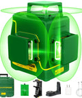 Three-Plane 3D Laser Level Kit with 3x360 Self-Leveling Green Cross Lines 196ft Outdoor Pulse Mode, accessories visible