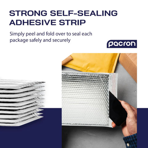 Heavy Duty Insulated Silver Thermal Bubble Mailers 8x11 Self Sealing Padded Envelopes stacked and sealing demonstration.