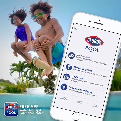 Kids jumping into clear pool water with Clorox Pool app on phone, showcasing fun summer swimming.
