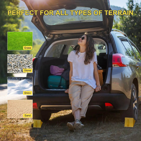 SUV parked on grass with 4 Pack Heavy Duty Wheel Chocks For RV Trailer And Camper, Non Slip Polypropylene Wheel Stoppers, Yellow, visible.