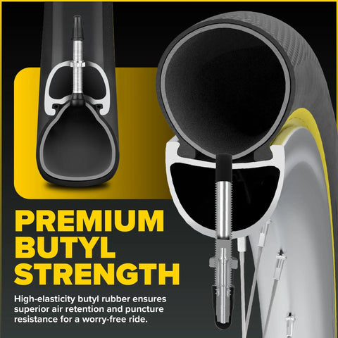 Cross-section of 2 Pack 700C Bike Inner Tubes With 48mm Presta Valve showing butyl rubber construction on road bike tire.