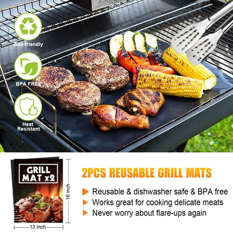 38 Piece Stainless Steel BBQ Grill Tools Set With Aluminum Case Includes Tongs Spatula Fork Meat Knife Basting Brush Cleaning Brush 2 Grill Mats Thermometer Meat Injector For Camping Backyard Barbecue with food grilling on mats