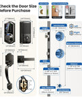 Rock Solid Matte Black Smart Lock For Front Door Handle Featuring Fingerprint Swipes App Control installation guide with dimensions.