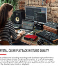 Person using Scarlett 8i6 Third Gen USB Audio Interface in studio, connected to laptop and speakers, enhancing recording and streaming.