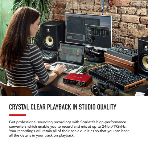 Person using Scarlett 8i6 Third Gen USB Audio Interface in studio, connected to laptop and speakers, enhancing recording and streaming.