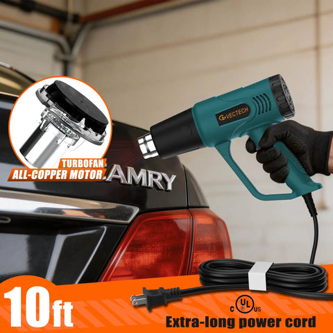 Dual Temp Heat Gun With 572F And 1112F Settings, Fast Heat, Four Nozzles, Ten Foot Cord, Overheat Protection in use on car badge