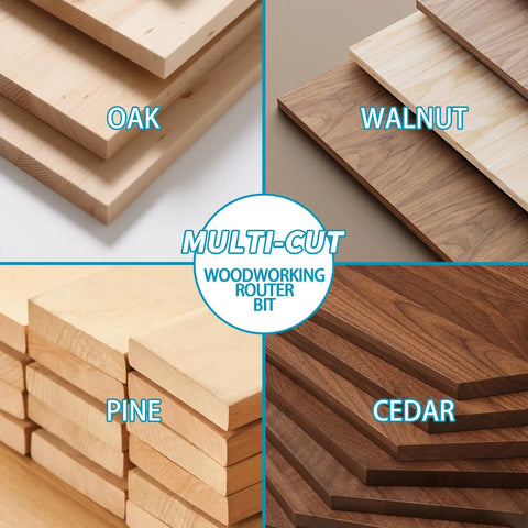 Wood slabs showing oak, walnut, pine, and cedar suitable for Two Plus Two Wings Spoilboard Surfacing Router Bit With ATS Coating.