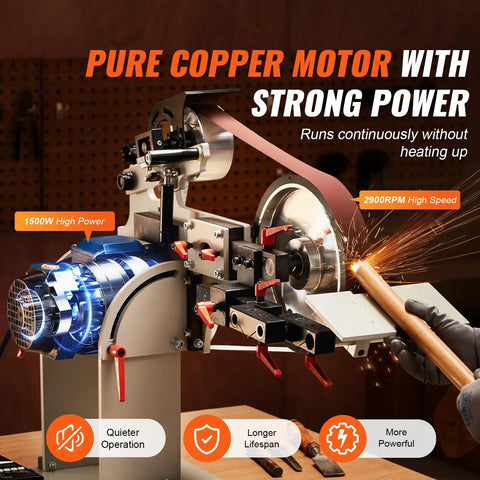Heavy Duty 1500W Belt Grinder Sander And Variable Speed Belt Polisher With Vfd Drive No Sweat Knife Sharpener Rack For Metalworking, showing the powerful 1500W copper motor.