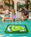 Family playing with Floating Golf Green For Pool 35 By 24 Inch Chipping Green Practice Mat For Backyard Poolside Fun Water Golf Games And Training Confrontation Mode For Up To Four Players Easy Setup Perfect Gift For Summer Fun.