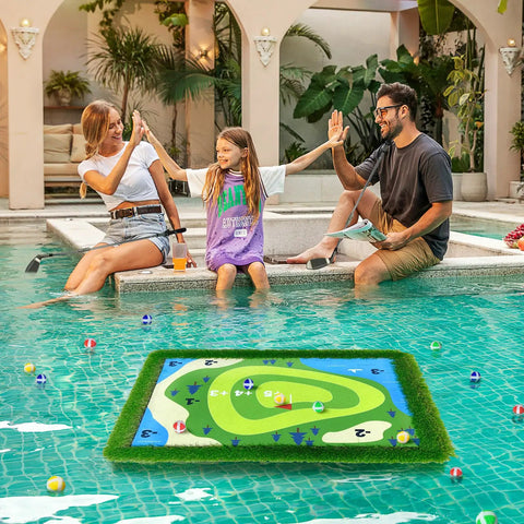 Family playing with Floating Golf Green For Pool 35 By 24 Inch Chipping Green Practice Mat For Backyard Poolside Fun Water Golf Games And Training Confrontation Mode For Up To Four Players Easy Setup Perfect Gift For Summer Fun.