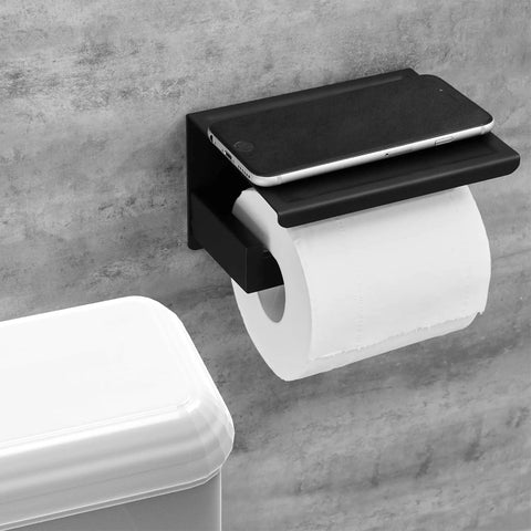 Matte Black Toilet Paper Holder With Shelf Stick On Or Wall Mount Self Adhesive Or Screws Rotate Proof Bracket