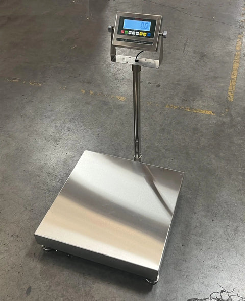 Heavy Duty Floor Scale With 18 Inch Platform And 300 Pound Capacity Washdown Waterproof Build For Shop Crews Ntep Certified Digital Indicator shown on floor.