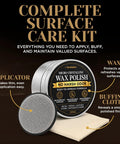 Top Shelf Microcrystalline Wax Polish Kit With Gotto Formula for Wood Leather Metal Stone, includes applicator and buffing cloth.