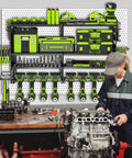 Power Tool Organizer Wall Mount Heavy Duty Metal 4 Layer 8 Slots Drill Holder Cordless Tool Rack With Side Pegboards For Wrenches Tape Measure Screwdrivers Hammer Plier Storage In Garage Workshop Basement Carport visible above workbench with mechanic.