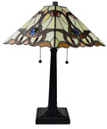Stained Glass Table Lamp With A Vintage Banker Mission Vibe, 23.5 Inch Tall, Tan Brown Red Glass Shade, two pull chains.