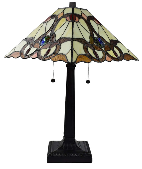 Stained Glass Table Lamp With A Vintage Banker Mission Vibe, 23.5 Inch Tall, Tan Brown Red Glass Shade, two pull chains.