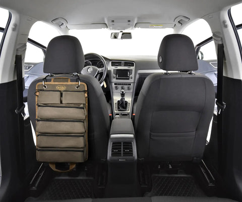 Car interior with Roll Up Tool Bag Organizer For Dad Heavy Duty Motorcycle Tool Roll Bag With Detachable Pouches on seat back