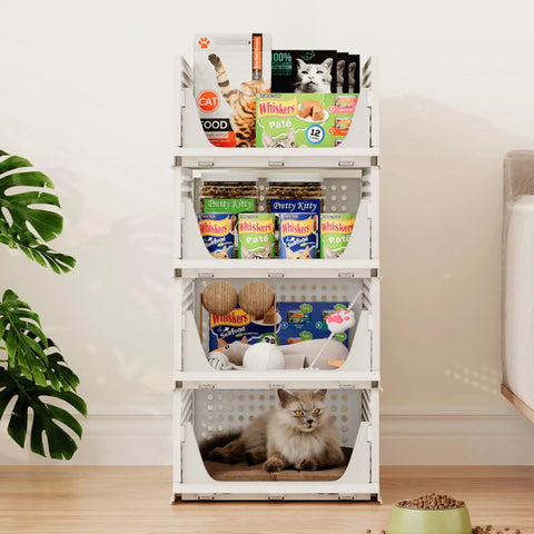Stackable Plastic Storage Baskets 4 Pack Foldable Closet Organizers For Wardrobe Kitchen Bathroom Office Dorm White All Purpose Drawer Shelving Containers Bins Great For Shoes Clothes Toys Snacks Files And More filled with pet food and cat in bottom basket.