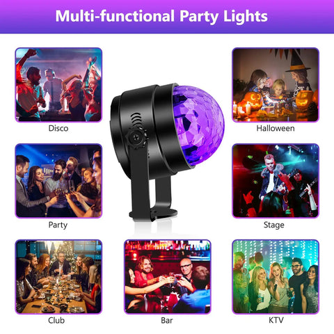 Lit UV Black Light Party Kit 6W LED Disco Ball Strobe Lights illustrated for multiple events like disco, Halloween, and parties.