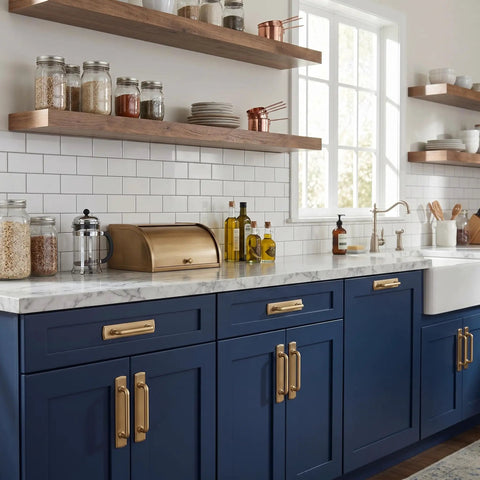 Kitchen with blue cabinets featuring Champagne Bronze Cabinet Pulls With Escutcheon Backplates, Sleek 3 Inch Hole Center Modern Handles.