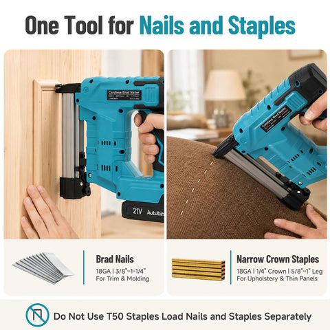 21V Brushless Cordless Electric Nail Gun Brad Nailer Tool For Baseboards And Cabinet Molding Zero Fuss Battery Powered in use for brad nails and crown staples.
