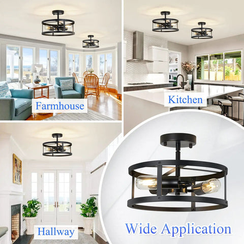 Two Pack 13 Inch 3 Light Matte Black Semi Flush Mount Ceiling Light Fixtures for farmhouse kitchen and hallway