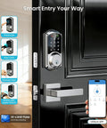 Smart Deadbolt Lock With Dual Lever Handles And Smartphone App Keyless Entry Door Lock Featuring Adjustable Auto Lock LED status indicators in use on black door.