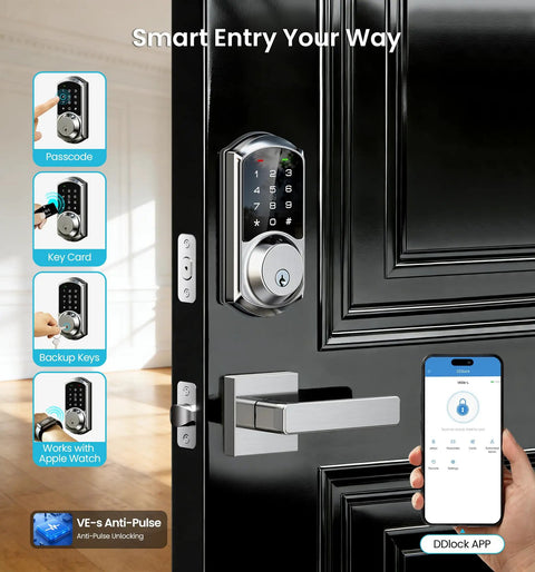 Smart Deadbolt Lock With Dual Lever Handles And Smartphone App Keyless Entry Door Lock Featuring Adjustable Auto Lock LED status indicators in use on black door.