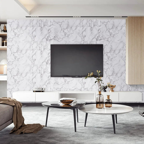 Living room with White Grey Marble Peel And Stick Contact Paper 24 Inch By 394 Inch Glossy Self Adhesive Marble Wallpaper on wall