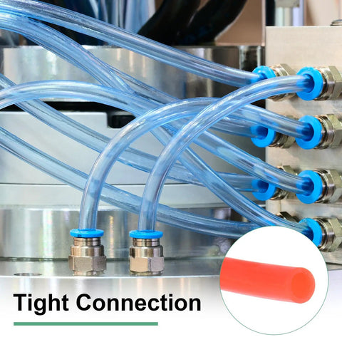 PU Pneumatic Tubing Hose 4mm ID by 6mm OD Red Polyurethane Air Hose shown connected to fittings, part of air tool setup.
