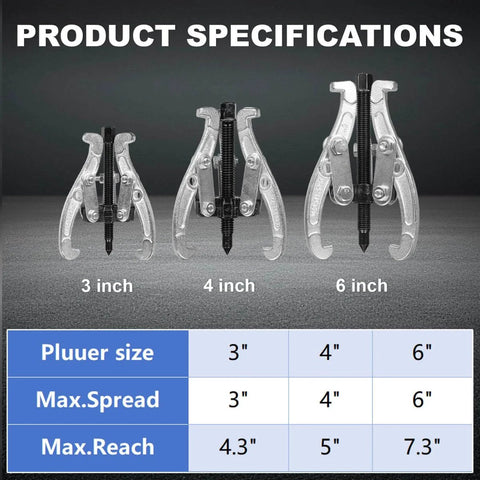 Three Piece Reversible Jaw Gear Extractor Set With 3, 4, 6 Inch Sizes for Pulling Flywheels, Gears, Pulleys and Bearings, shown front view.