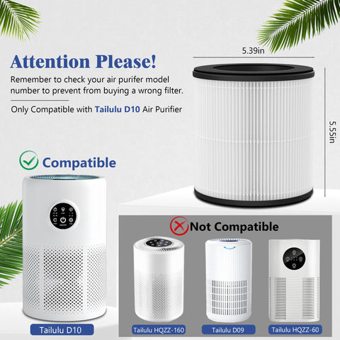 Compatibility chart showing 2 Packs D10 Replacement Filters for Tailulu D10 Air Purifier with non-compatible models.