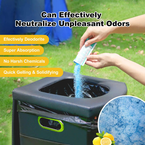 Portable Camp Toilet Kit With 30 Pack Absorbent Gel Pellets And 30 Drawstring Bags in use with blue gel being applied