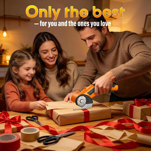 Family using Cordless Electric Scissors With 3 Tungsten Steel Blades, 2500mAh Battery, LED Light, wrapping gifts together
