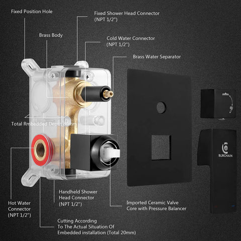 Detailed diagram of All Metal Shower System With 10 Inch Rain Shower Head And 2 In 1 Handheld Wall Mounted Matte Black Finish components.