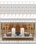 Brighten Your Storefront With Waterproof 5050 SMD LED Window Light Strips Kit 40 Ft Total 80 Modules Ideal For Storefront Signage Lightbox Advertising Letter Signs And Weatherproof Display, showing a lit retail display with LED modules.