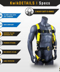 Hurricane Safety Harness with Lifeline Kit on mannequin, 3 D-rings, premium stitching, ANSI OSHA certified, yellow zinc hardware.