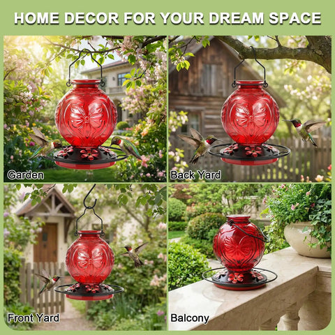 Outdoor Hummingbird Feeder 25 Oz With Perch And Five Flower Ports No Spill Nectar Feeder installed in garden