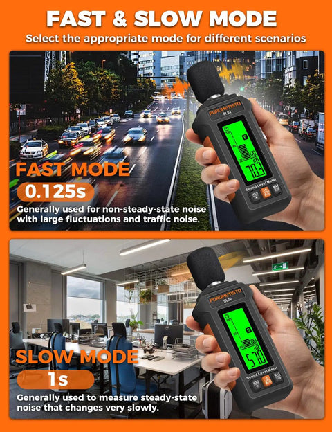 Pro Grade Sound Level Meter With 30 To 130 dB Range, A And C Weighting, Fast And Slow Response Modes, Ultra Accurate For Environmental Noise Monitoring, Workplace Safety, And Sound Checks in fast and slow mode display
