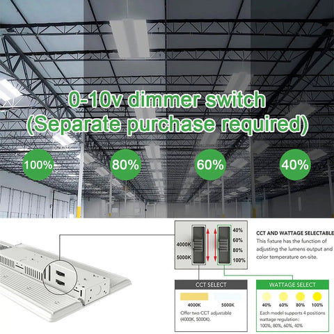 0-10V dimmer switch for Heavy Duty Led Linear High Bay Shop Lights 410W Cranking 60600 Lumens, showing wattage options.
