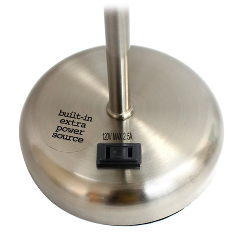 Base detail of Aqua Desk Lamp In Brushed Steel With Built In Charging Outlet And Drum Fabric Shade Slick Slim Stick Design