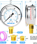 Meanlin 0-100 psi stainless steel pressure gauge with 1/4 NPT; front and side views with brass adapters