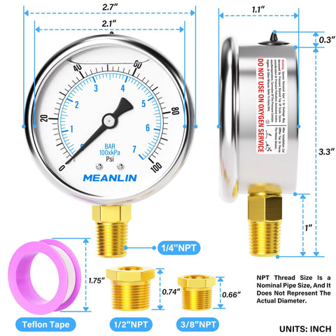 Meanlin 0-100 psi stainless steel pressure gauge with 1/4 NPT; front and side views with brass adapters